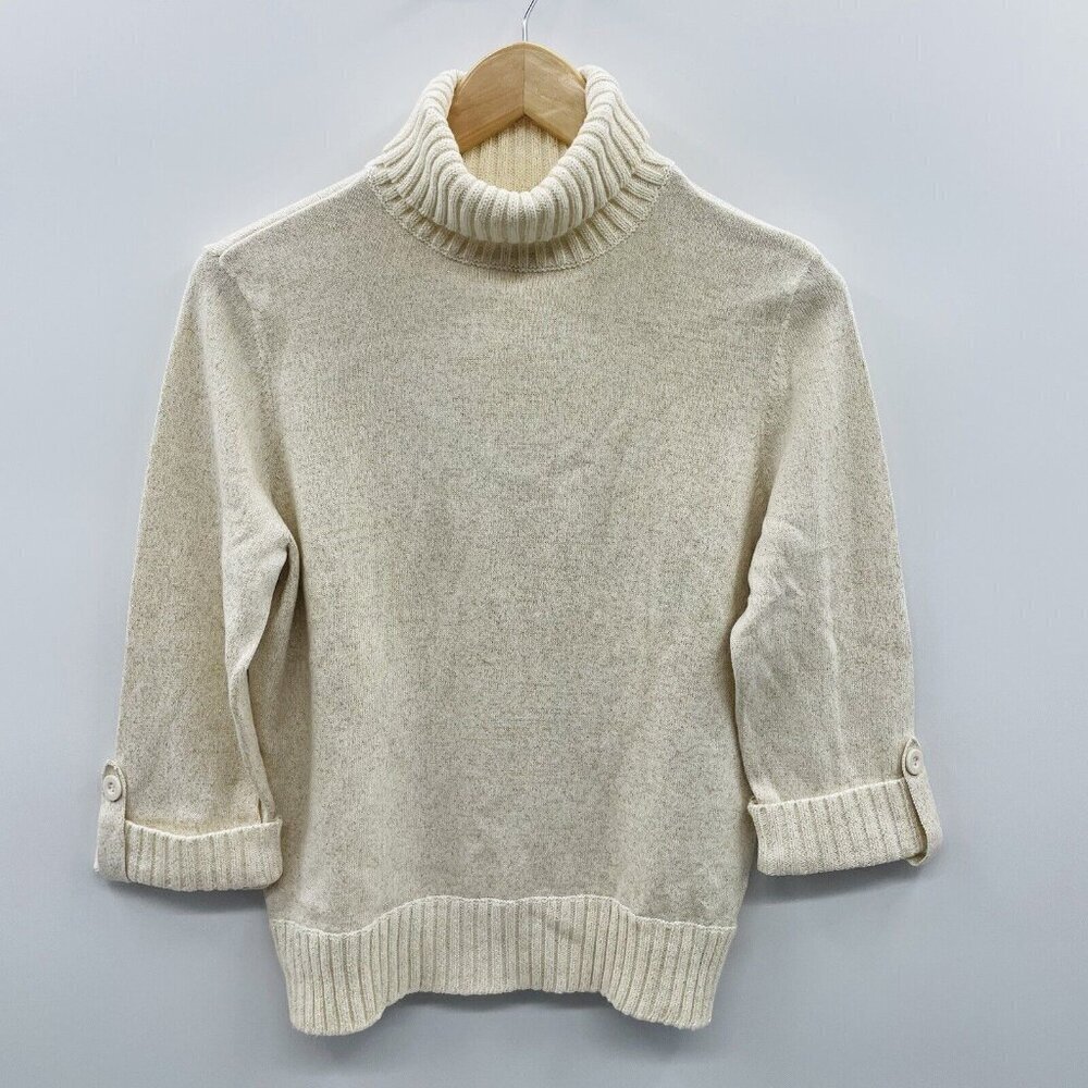 Studio Works Petite Womens PL Large 3/4 Sleeve Turtleneck Pullover Sweater Ivory